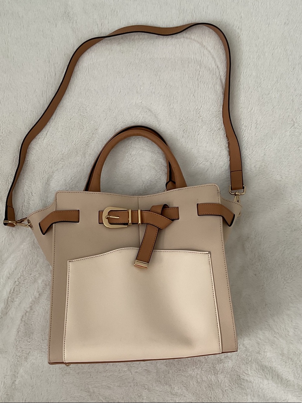 Marc Fisher Structured Two-Tone Tote Bag with Belt Detail Beige & Brown preowned - Picture 1 of 9